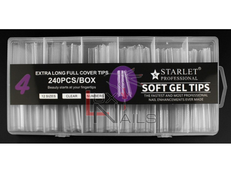 Типсы гелевые Starlet Professional Soft Gel Tips 4, 240 шт., экстра длинный арочный квадрат, прозрачные